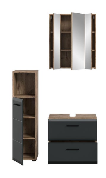 Badezimmermöbel-Set in Eichenoptik mit anthrazitfarbenen Fronten, bestehend aus Spiegelschrank, Hochschrank und Waschbeckenunterschrank.