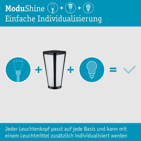 ModuShine Leuchtenserie mit verschiedenen Mast- und Wandleuchten zur individuellen Kombination für den Außenbereich.