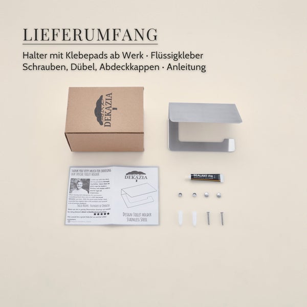 Lieferumfang eines Toilettenpapierhalters aus Edelstahl von Dekazia inklusive Kleber, Schrauben, Dübel, Abdeckkappen und Montageanleitung.