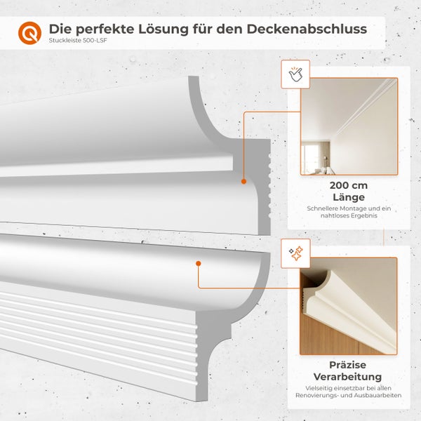 Stuckleiste 500-LSF fuer den Deckenabschluss mit 200 Zentimeter Laenge und praeziser Verarbeitung fuer einfache Montage bei Renovierungen.