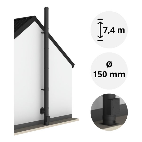 Edelstahlschornstein als Außenwandkamin mit 7,4 Meter Länge und 150 Millimeter Durchmesser für die Wandmontage am Haus.