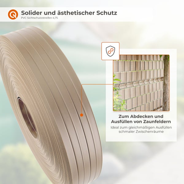 Rolle beigefarbener PVC-Sichtschutzstreifen für Zäune mit einem Beispielbild der in einen Doppelstabmattenzaun eingeflochtenen Streifen.