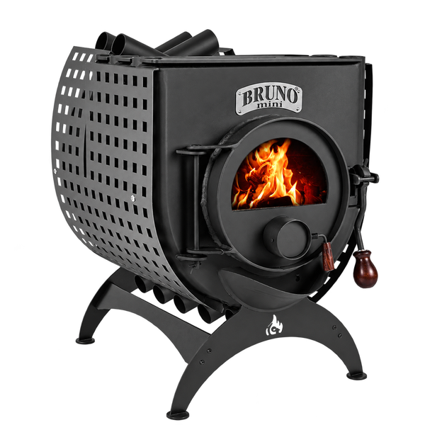 Bruno Mini Kaminofen aus Stahl mit Holzfeuer in der Brennkammer und hitzebeständigem Metallgitter
