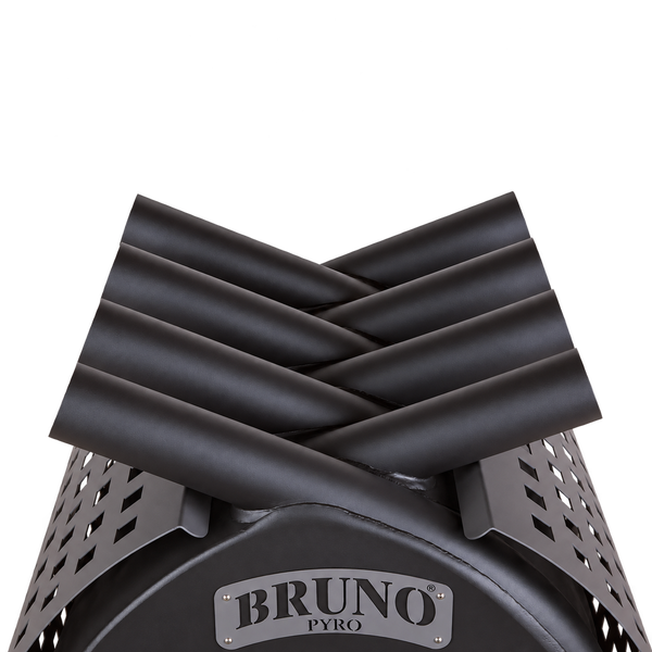 Detailansicht der Warmluftrohre eines Bruno Pyro Kaminofens mit Herstellerlogo.