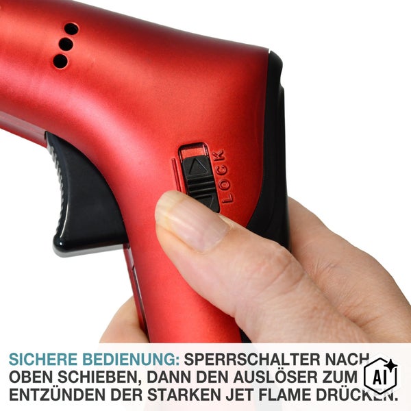 Hand zeigt die Bedienung des Sperrschalters an einem Gasbrenner mit Jetflamme.