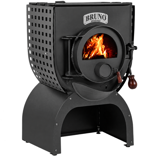 Bruno Mini Kaminofen mit Sichtfenster und Holzfeuer auf einem Sockel stehend