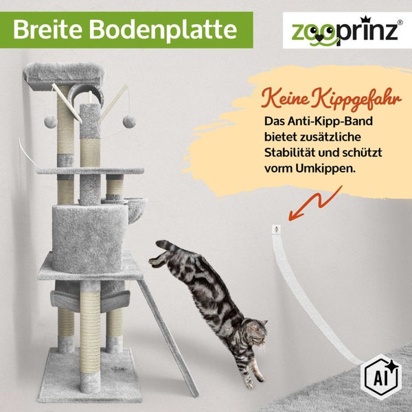 Katzenkratzbaum mit breiter Bodenplatte, Liegeflächen und Anti-Kipp-Band zur Wandbefestigung für zusätzliche Stabilität von Zooprinz.