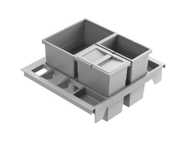 Abfalltrennsystem für Schubladen aus Kunststoff mit drei Behältern und einer Einlegeschale in Grau.