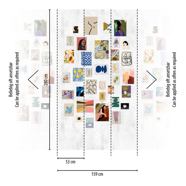 Fototapete mit Galerie-Wand-Design, verschiedene Kunstdrucke, 280 Zentimeter Höhe, 159 Zentimeter Breite, beliebig oft ansetzbar.