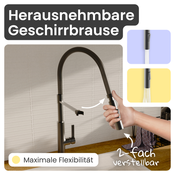 Küchenarmatur mit herausziehbarer Geschirrbrause, zwei Strahlarten und dunkler gebürsteter Oberfläche.