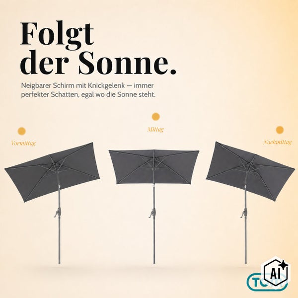 Neigbarer Sonnenschirm mit Knickgelenk für variable Schattenausrichtung im Tagesverlauf, TOM Logo.