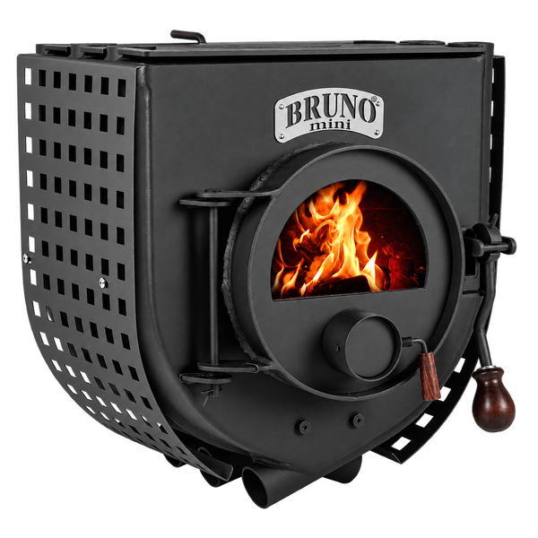 Bruno Mini Holzofen mit Sichtfenster und brennendem Feuer
