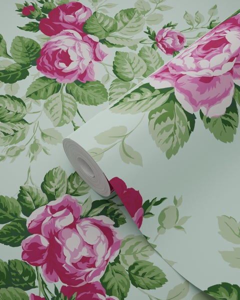 Origin Wallcoverings Tapete Rosen Seladongrün und Rosa - 53 cm x 10.05 m - 326139