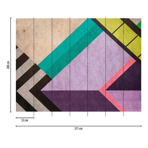 Fototapete mit geometrischem Muster, 371 x 280 Zentimeter, Bahnbreite 53 Zentimeter.
