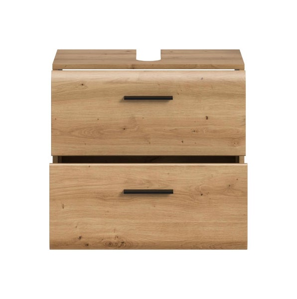 Waschbeckenunterschrank in Eiche-Dekor mit zwei Schubladen, schwarzen Griffen und Siphonaussparung.