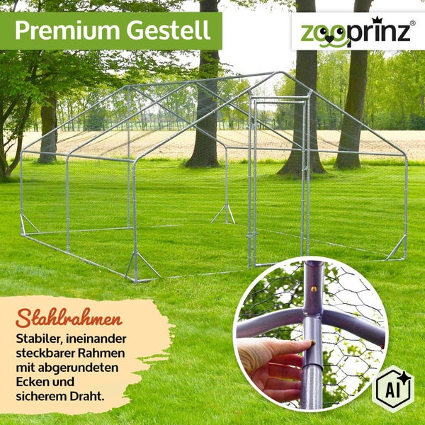Zooprinz Premium Tiergehege mit verzinktem Stahlrahmen und Drahtgitter auf einer Wiese, Detailansicht der Steckverbindung.