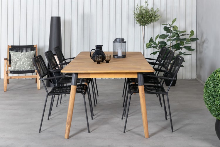 Julian Gartenset Tisch 100x210cm und 6 Stühle Armlehne Lindos schwarz, natur. 100 X 210 X 75 cm