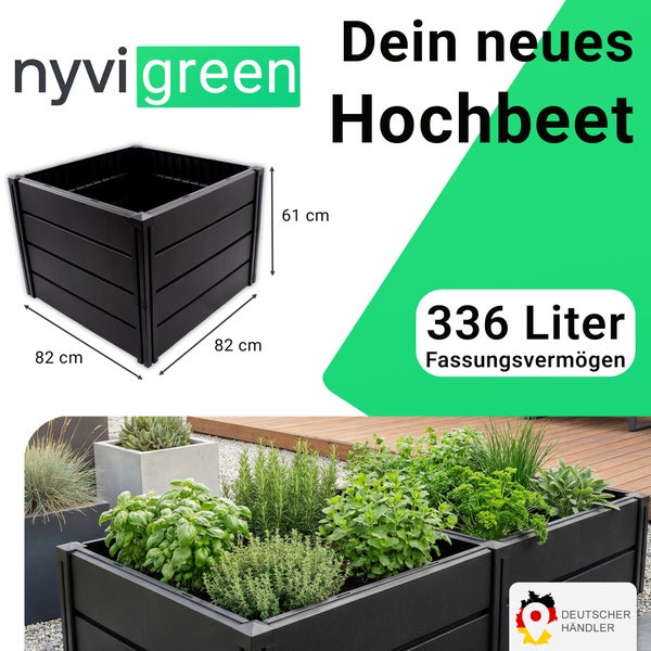 Quadratisches Hochbeet von nyvi green mit 82 mal 82 mal 61 Zentimeter Abmessungen und 336 Liter Fassungsvermögen auf einer Terrasse.