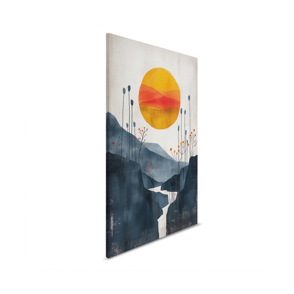 Gemälde mit abstrakter Landschaftsdarstellung von Bergen und Sonne