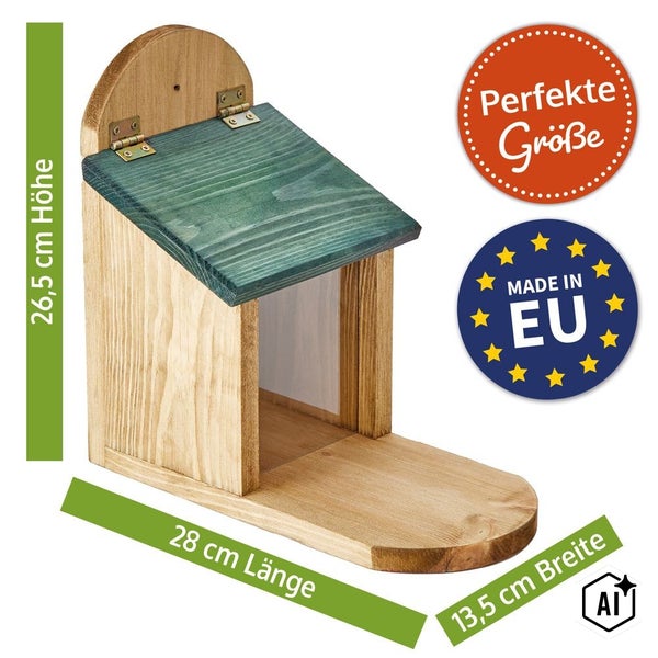 Vogelhaus aus Holz mit Klappdach, Maße 26,5 cm Höhe, 28 cm Länge und 13,5 cm Breite, Hergestellt in der Europäischen Union.