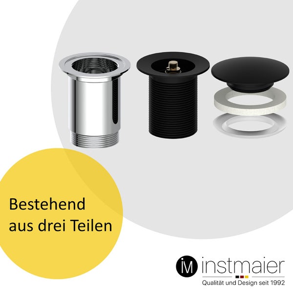 instmaier Ablaufgarnitur E4 | ohne Überlauf | Waschbeckenstöpsel mit Push-Open Funktion | Pop Up Ventil Schwarz Matt