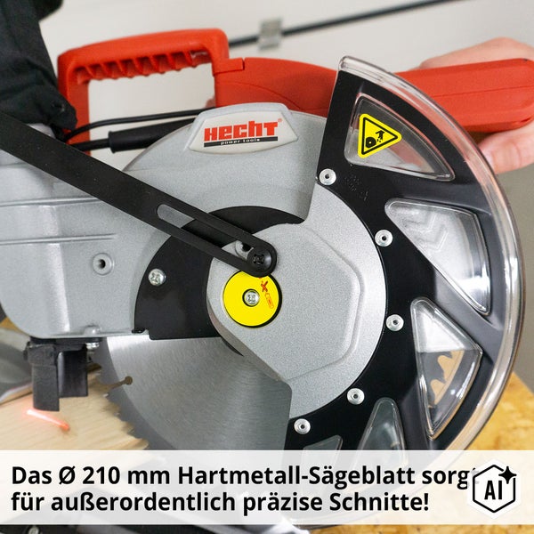 Hecht Kappsäge mit 210 Millimeter Hartmetall Sägeblatt und Laserführung für präzise Schnitte bei Holzarbeiten