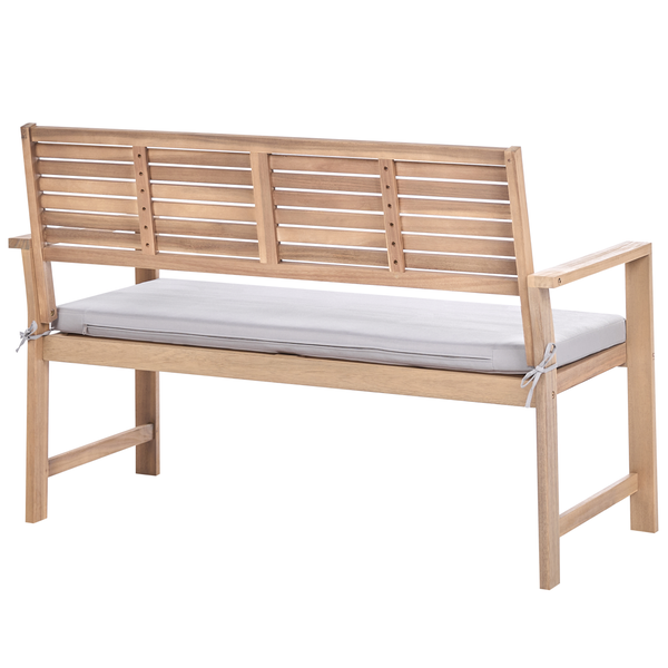 Gartenbank aus Holz mit grauer Sitzauflage