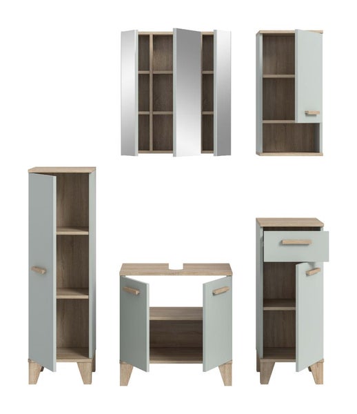 Set aus Badezimmermöbeln bestehend aus Spiegelschrank, Hochschrank, Waschbeckenunterschrank und Kommoden mit Stauraum in Holzoptik.