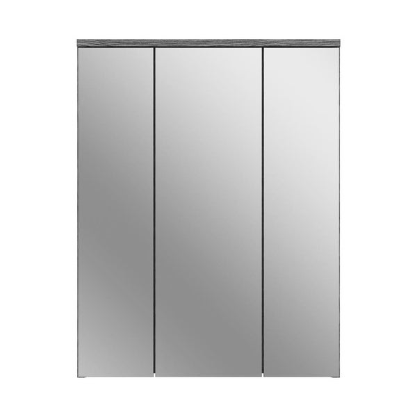 Dreitüriger Spiegelschrank für das Badezimmer mit einer Abschlussleiste in Holzoptik.