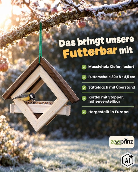 Vogelhaus aus Kiefer Massivholz mit Satteldach, höhenverstellbar durch Kordel mit Stopper, für die Gartenfütterung, Zooprinz Logo.