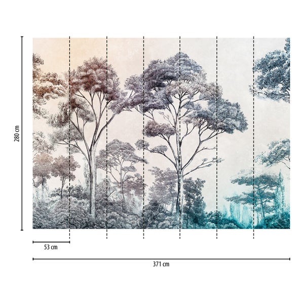 Fototapete mit Waldmotiv, Maße 371 mal 280 Zentimeter, bestehend aus sieben Bahnen mit je 53 Zentimeter Breite.
