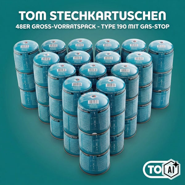 TOM Stechkartuschen Typ 190 mit Gas Stop Ventil, 48 Stück Vorratspack für Campingkocher und Lötgeräte.