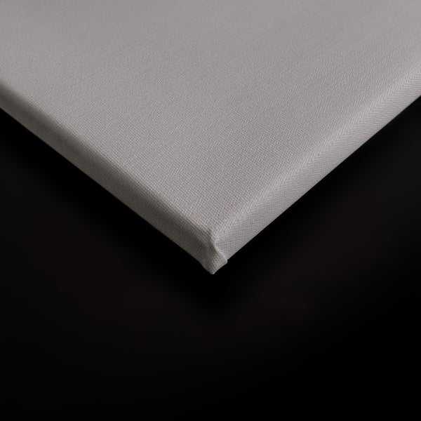 Detailansicht einer Leinwand mit feiner Textilstruktur auf einem Keilrahmen.