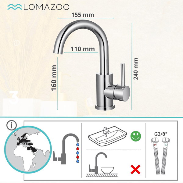 Lomazoo Waschbeckenarmatur mit Maßangaben und technischer Skizze der Anschlussschläuche mit 3/8 Zoll Gewinde.