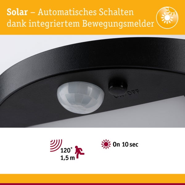 Solarleuchte mit Bewegungsmelder Erfassungswinkel 120 Grad Reichweite 1,5 Meter mit Ein Aus Schalter