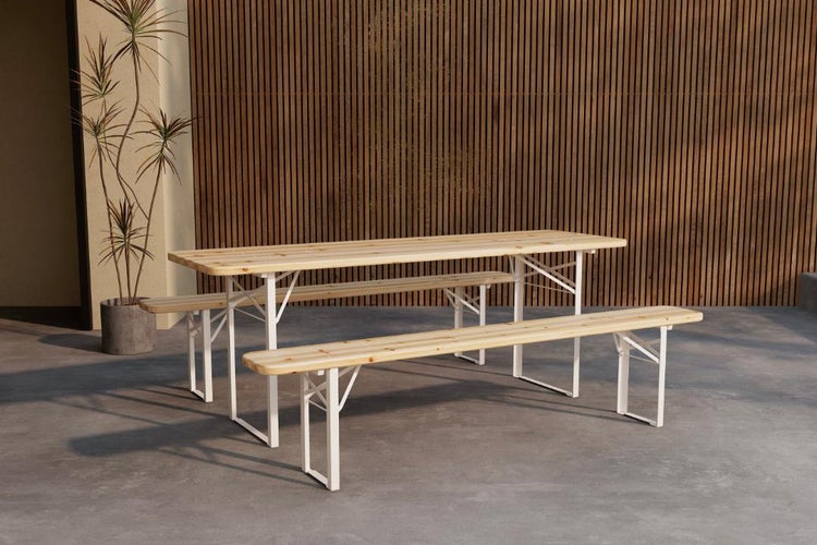 Biertischgarnitur mit einem Tisch und zwei Bänken aus Holz mit Metallgestell