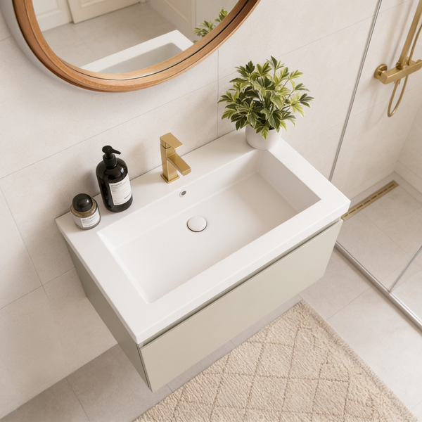 Modernes Badezimmer mit Waschtisch, wandhängendem Unterschrank, goldener Armatur und rundem Spiegel in einem hellen, aufgeräumten Raum.