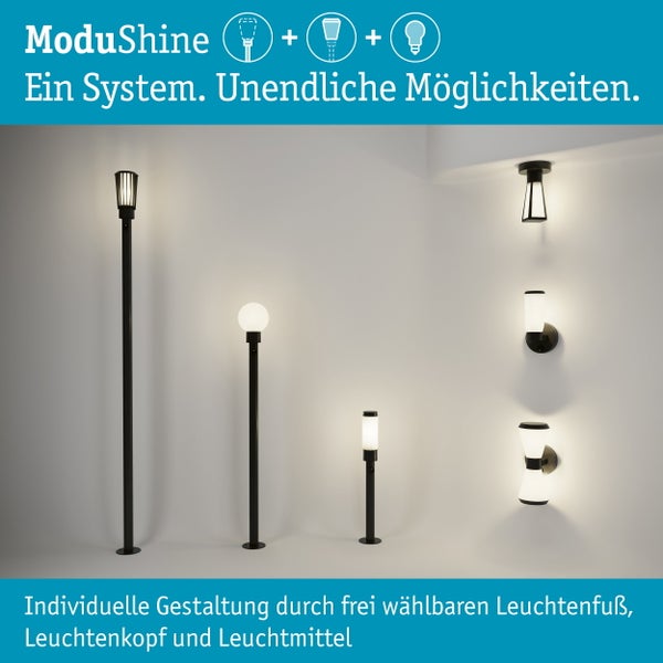 ModuShine Beleuchtungssystem mit verschiedenen Leuchtenkombinationen aus Leuchtenfuß, Leuchtenkopf und Leuchtmittel für die Außenbeleuchtung.
