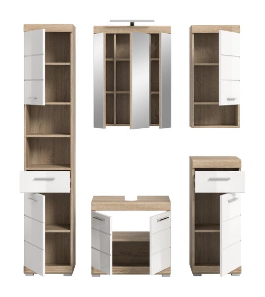 Badmöbel-Set in Eiche-Optik und Weiß mit Hochschrank, Spiegelschrank, Waschbeckenunterschrank und Beistellschränken mit offenen Türen.