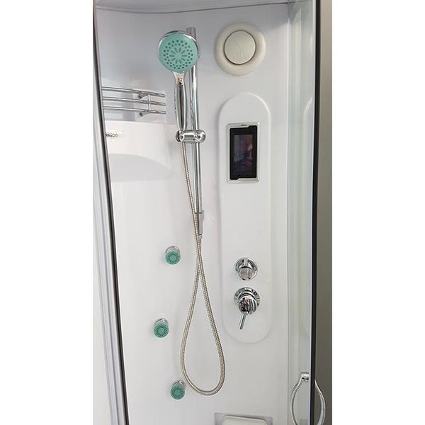 Duschpaneel einer Duschkabine mit Handbrause, Massagedüsen und digitalem Bedienfeld.