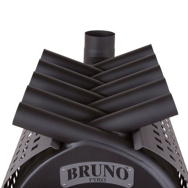 Detailansicht eines Bruno Pyro Holzofens mit Wärmetauscherrohren und Bruno Pyro Logo.