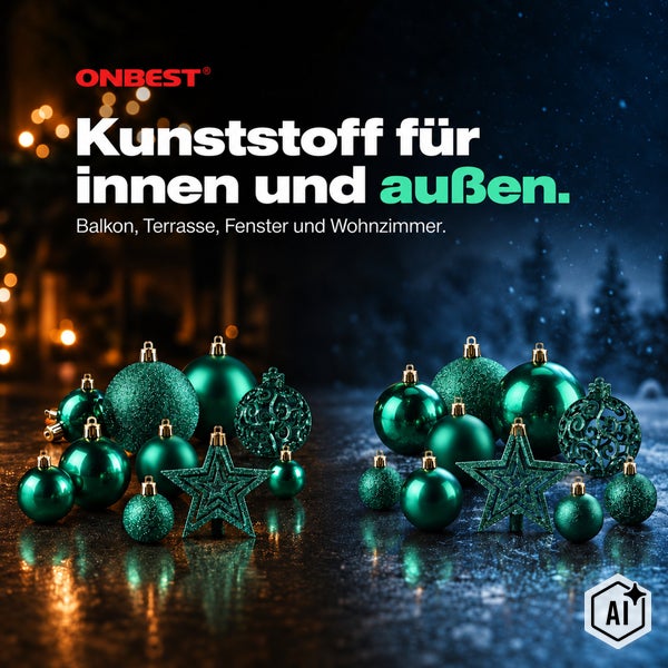 Onbest Logo, Dekorative Weihnachtskugeln und Sterne aus Kunststoff für die Innen- und Außendekoration von Balkon, Terrasse und Wohnraum.
