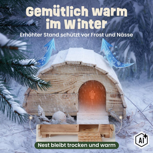 Igelhaus aus Holz mit erhöhtem Boden zum Schutz vor Kälte und Feuchtigkeit im Winter.