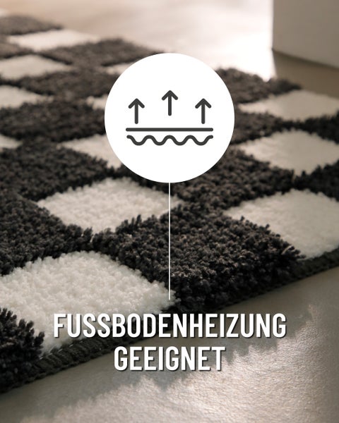 Symbol für Fußbodenheizung geeignet auf einem schwarz-weiß karierten Teppich.