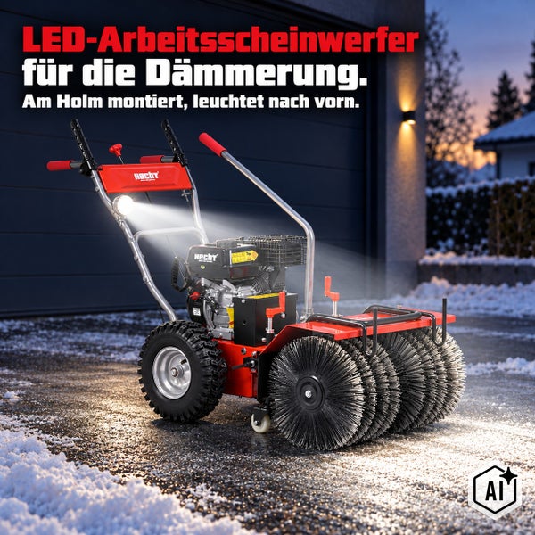 Hecht Kehrmaschine mit LED Arbeitsscheinwerfer für Einsätze in der Dämmerung auf verschneitem Untergrund
