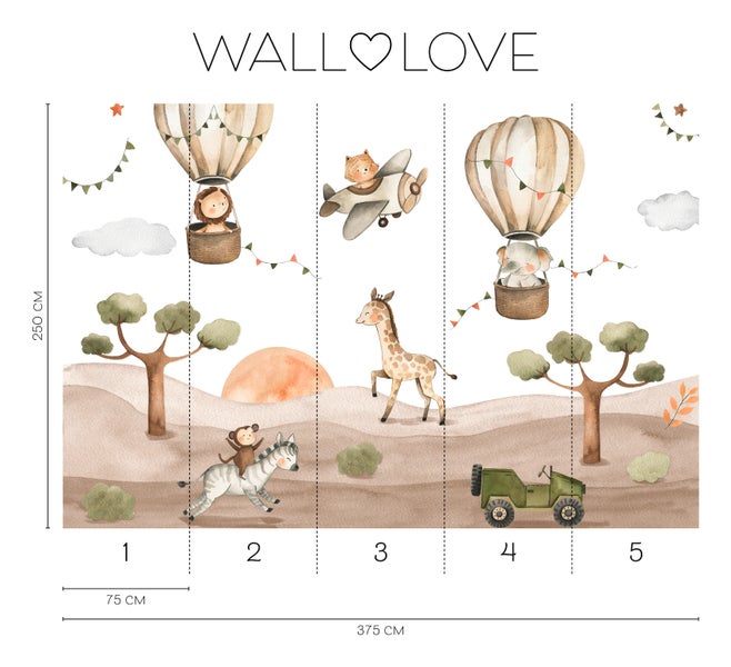 Wandbild mit Safarimotiv, inklusive Tieren, Heißluftballons und Fahrzeugen