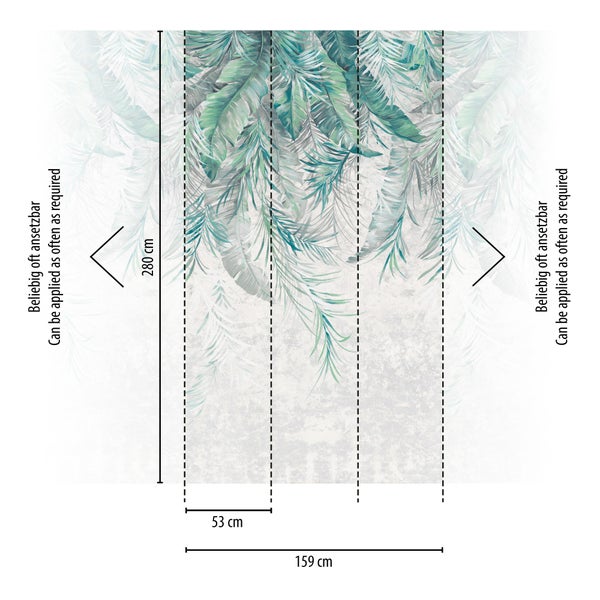 Fototapete mit tropischem Blättermotiv. Maße: Höhe 280 Zentimeter, Gesamtbreite 159 Zentimeter, Bahnbreite 53 Zentimeter. Beliebig oft ansetzbar.