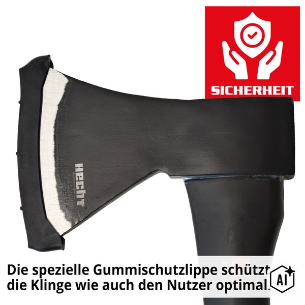 Axtkopf der Marke Hecht mit Gummischutzlippe an der Klinge für mehr Sicherheit.