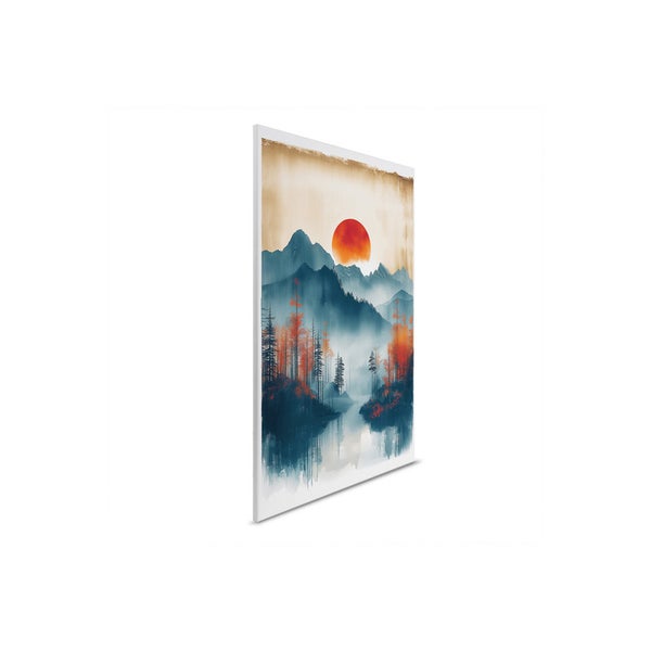 Wandbild mit Berglandschaft, Bäumen und Sonne