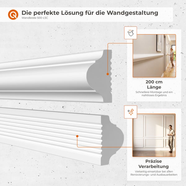 Wandleiste 500-LSC zur Wandgestaltung. Zwei Varianten mit Profilansicht und Anwendungsbeispielen für eine nahtlose und präzise Innenraumgestaltung.